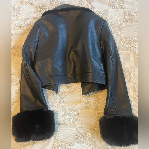 Black Faux Leather Jacket with Faux Fur Cuffs - Picture 3 of 6
